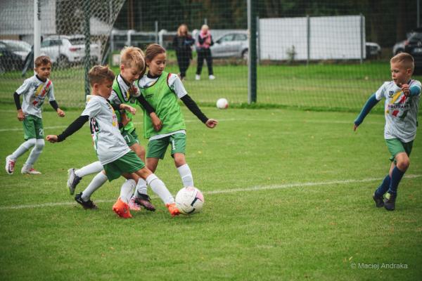 Dzieci walczą o piłkę na zielonym boisku: kilka w białych koszulkach i zielonych spodenkach, dwoje w zielonych znacznikach, w tle płot.