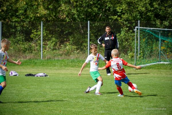 Dwóch chłopców walczy o piłkę na murawie: biała koszulka z zielonymi spodenkami kontra biało-czerwony strój z numerem 6; w tle dorosły.