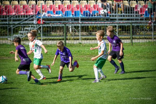 Dzieci w wieku żaka ścigają piłkę na trawiastym boisku: trzy w fioletowych, dwie w biało-zielonych strojach, a w tle trybuny z widzami.
